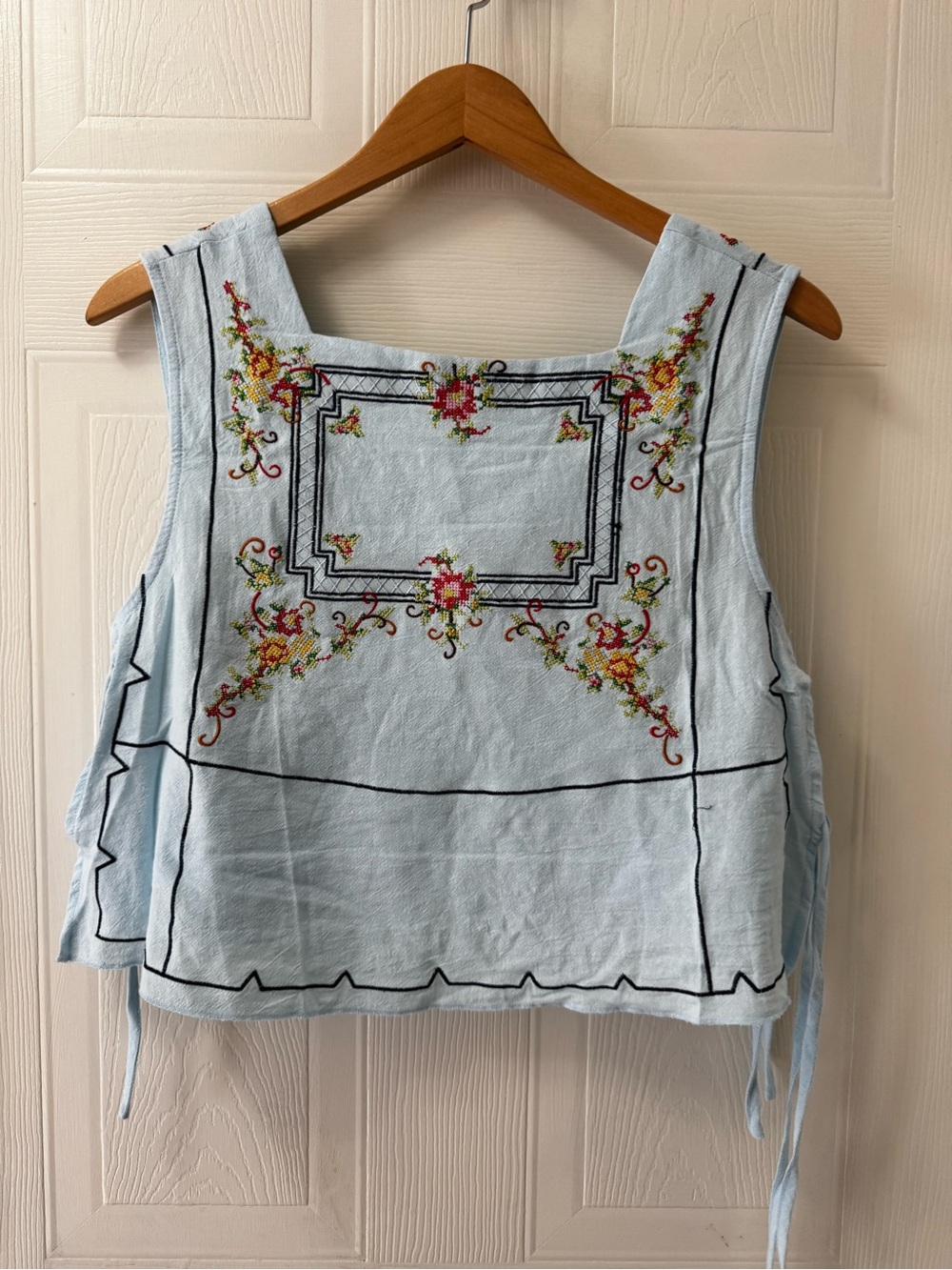 Embroidered Light Blue Cotton Tie-Side Tank Top